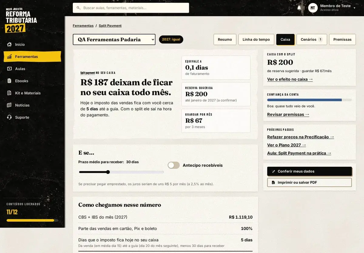 Aba Caixa do simulador: quanto deixa de ficar no caixa por mês com o split payment