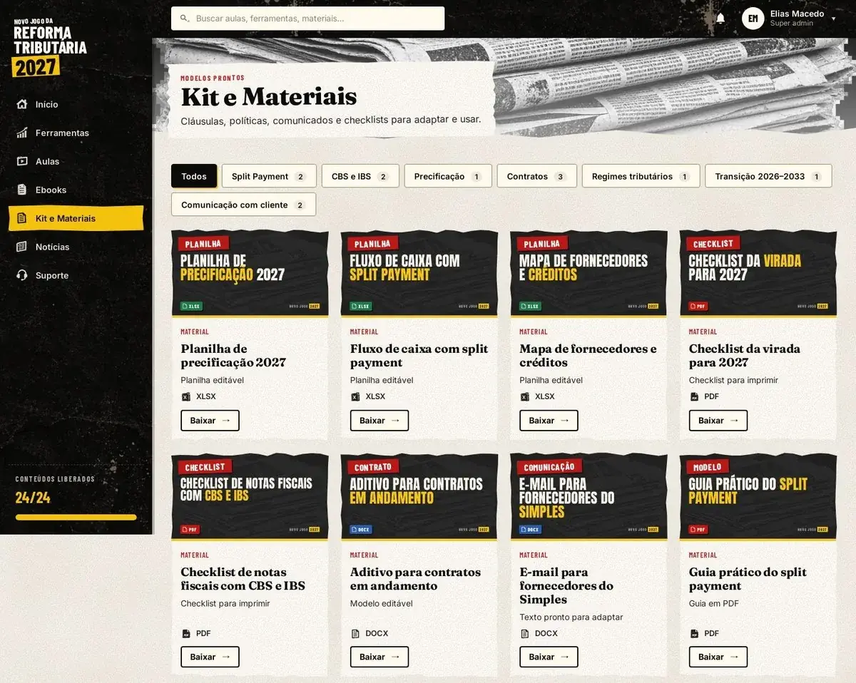 Página Kit e Materiais com planilhas, checklists, modelos de contrato e guias para baixar