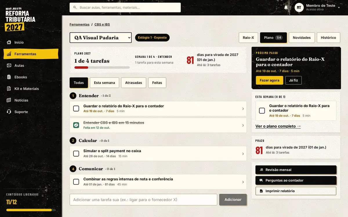 Plano 2027 com tarefas separadas em Entender, Calcular e Comunicar, cada uma com prazo e tempo estimado