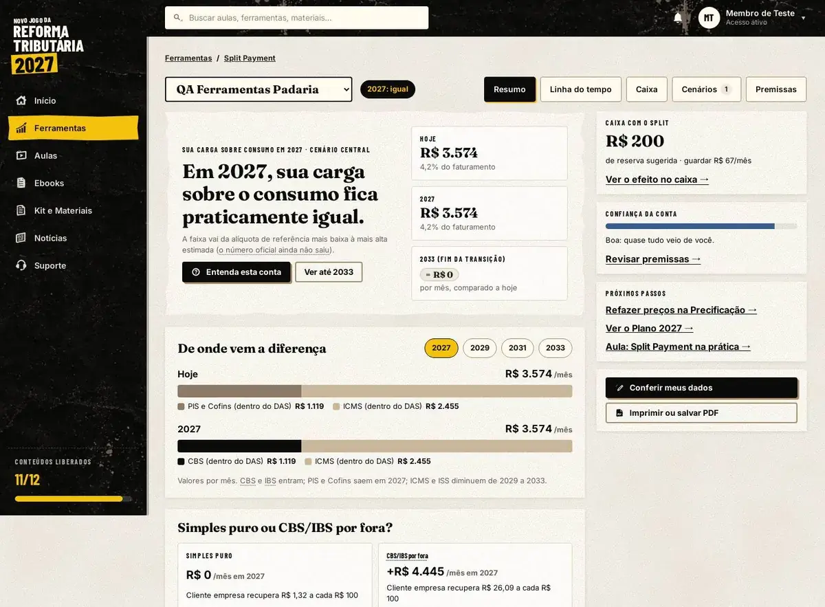 Simulador mostrando a carga de impostos hoje, em 2027 e em 2033, e de onde vem a diferença